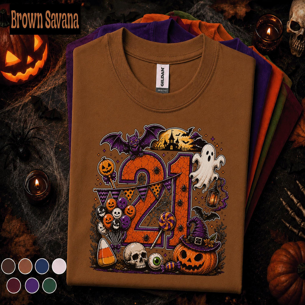 21st Birthday Halloween Shirt, Spooky Number 21 Tee, October Birthday Party Shirt, Ghost Pumpkin Witch Halloween Gift for Women Men