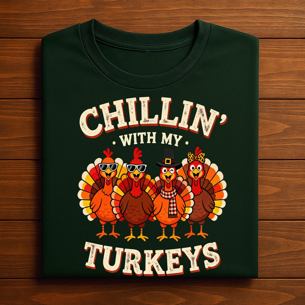 Chillin With My Turkeys Funny Thanksgiving Shirt, Fall Family Outfit Autumn Turkey Squad Matching Holiday Tee, Gift Thanksgiving Sweatshirt