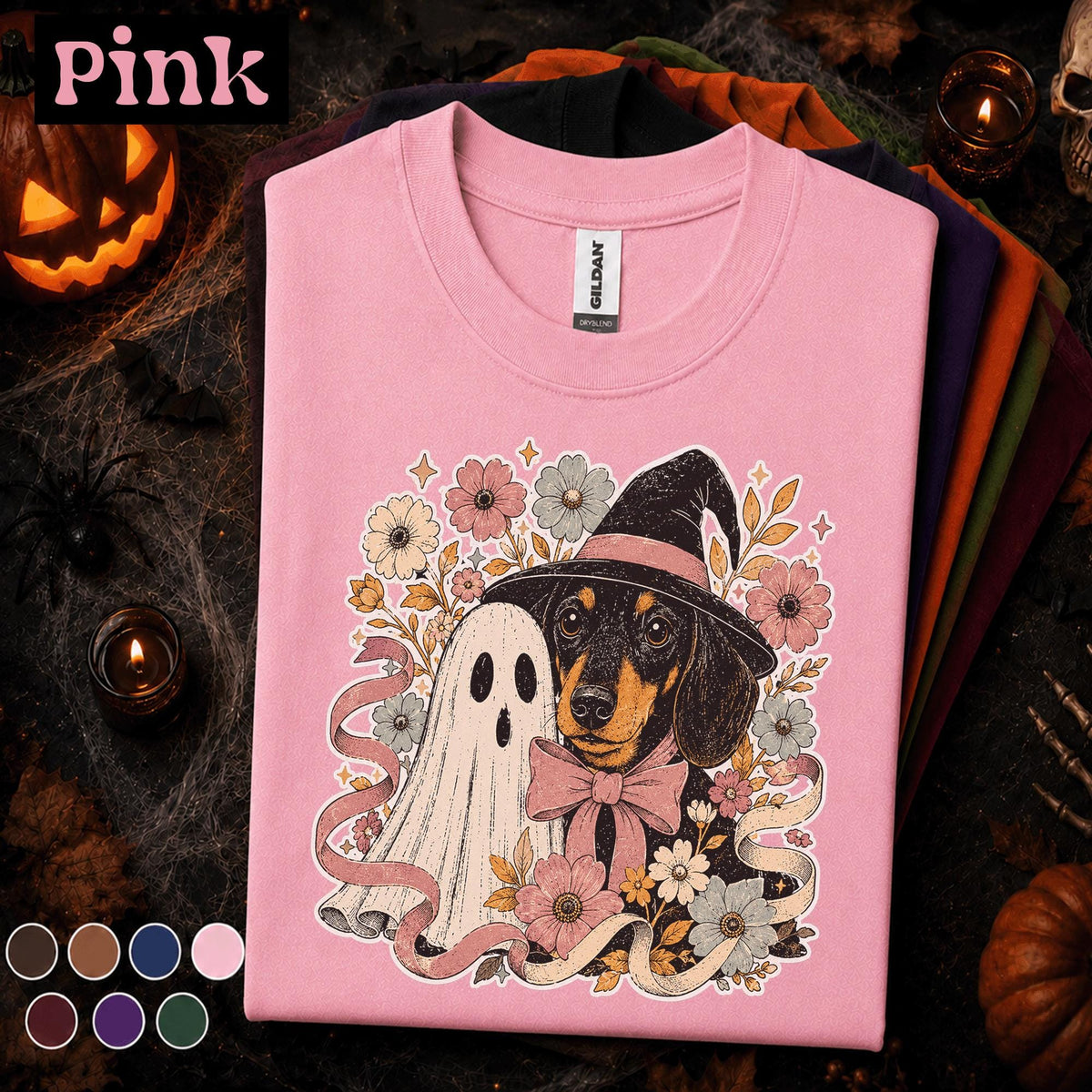 Halloween Dachshund Shirt, Ghost Dog Tee, Witchy Wiener Dog Tshirt, Spooky Floral Dog Lover Gift, Cute Halloween Pet Shirt