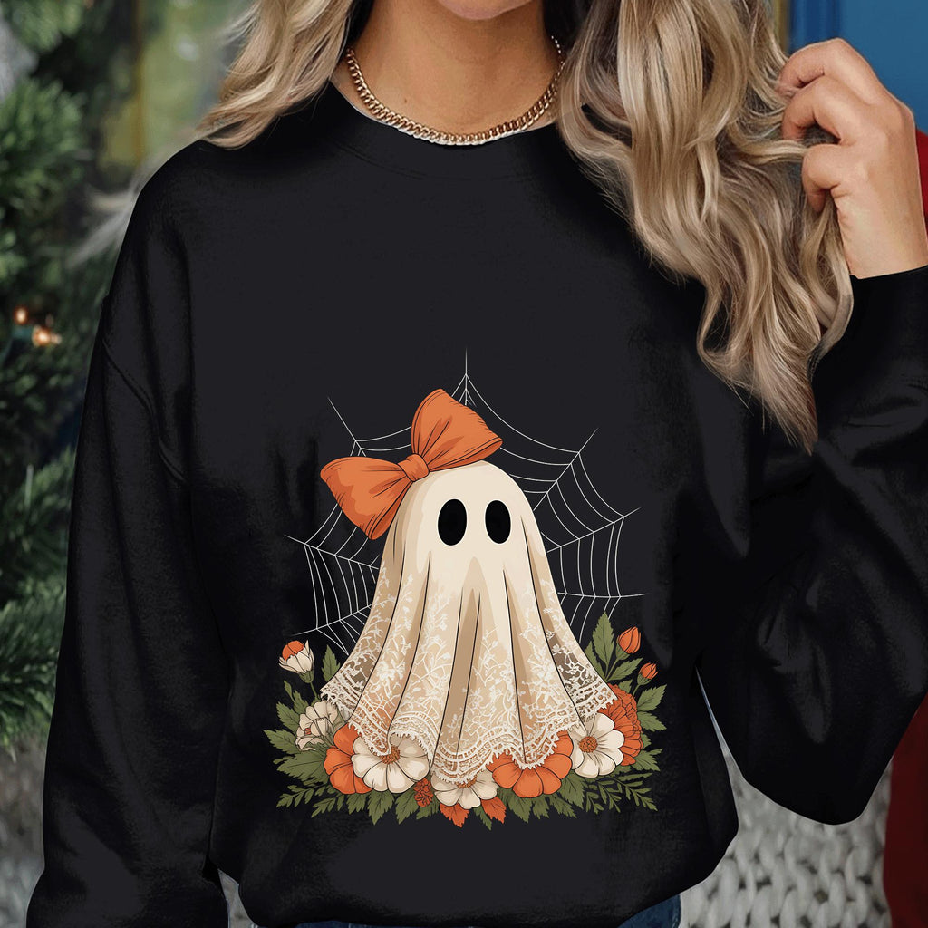 Girly Ghost Lace Shirt, Cute Halloween Spirit Bow Tee, Spooky Floral Haunted Top, Women Halloween Shirt, Girl Ghost Halloween Sweatshirt