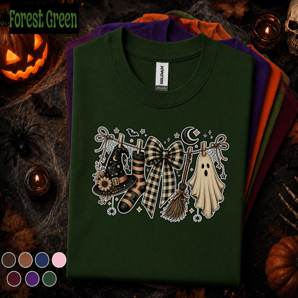 Witchy Ghost Halloween Shirt, Spooky Season T Shirt, Checkered Bow Tee, Witch Hat Broom Shirt, Cute Coquette Halloween Gift