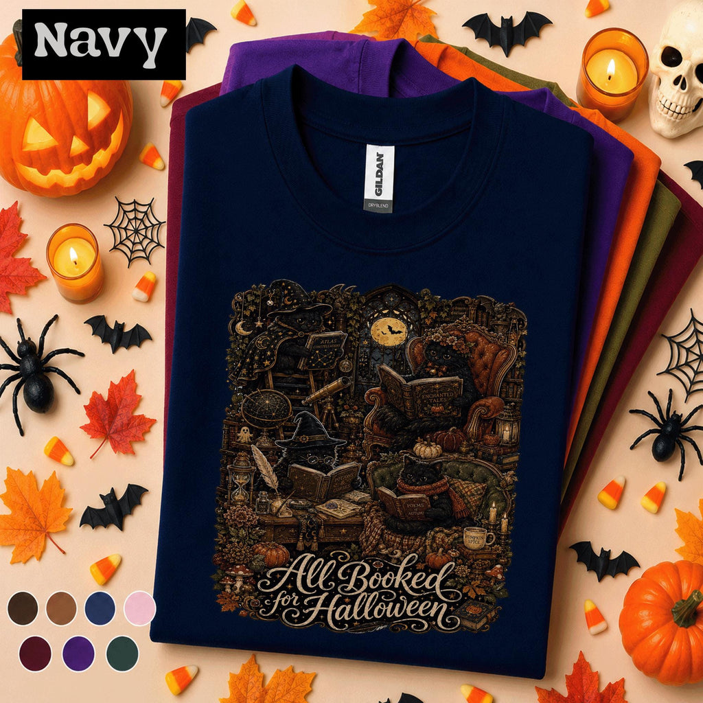 All Booked for Halloween Shirt, Gothic Black Cat Book Lover Tee, Witchy Library Shirt, Dark Academia Reader Gift, Spooky Autumn Bookish Tee