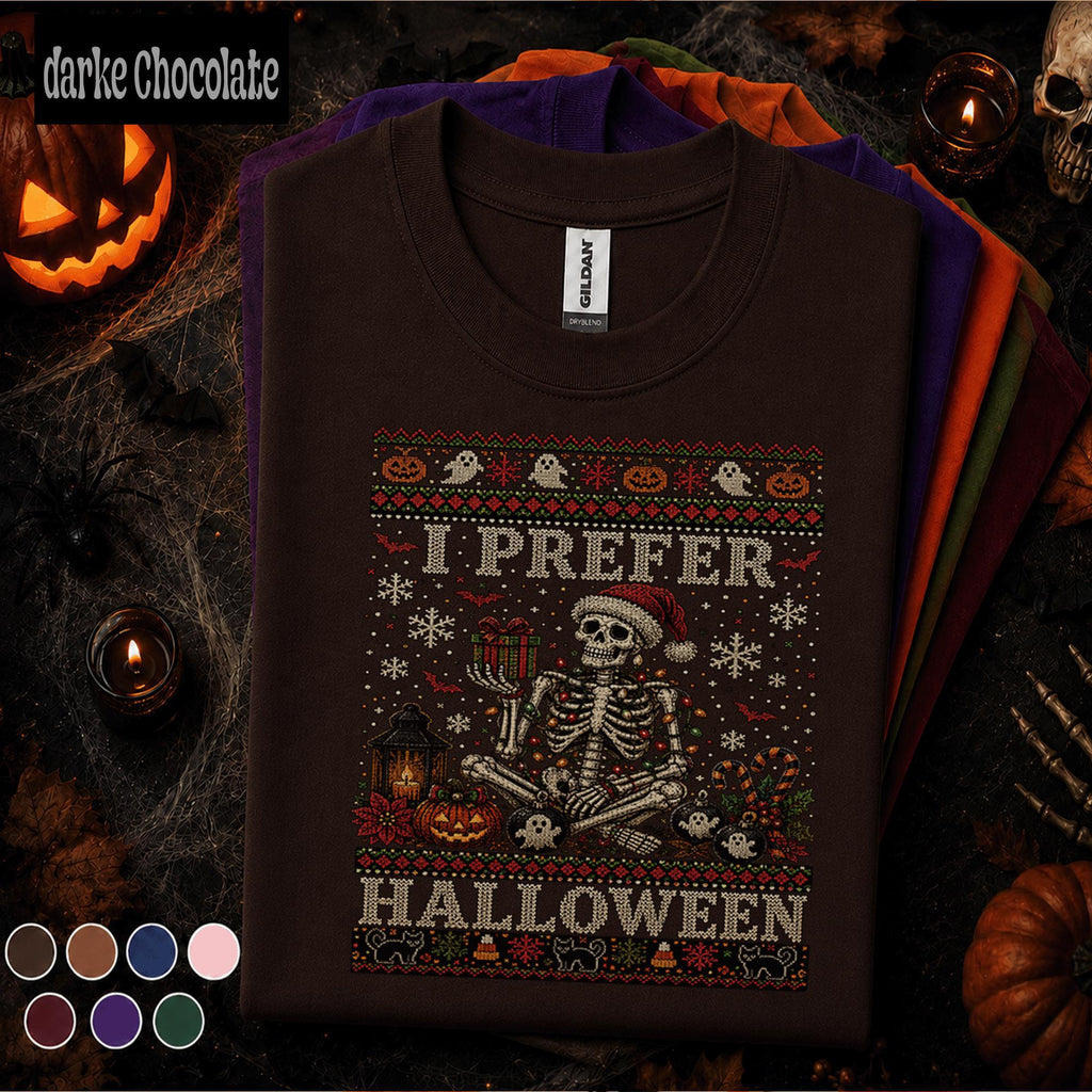 I Prefer Halloween Christmas Shirt, Skeleton Santa Spooky Holiday Tee, Funny Halloween Christmas T Shirt, Gothic Xmas Skeleton Gift Tee