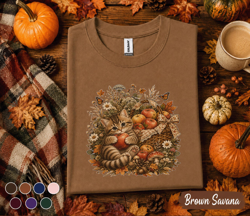 Cute Fall Kitten Shirt, Autumn Cat Apple Basket Tee, Cozy Harvest Cat Lover T-Shirt, Pumpkin Season Gift, Thanksgiving Outfit