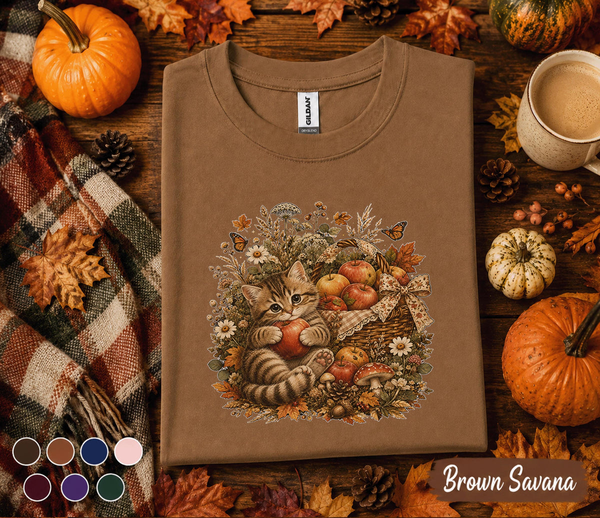 Cute Fall Kitten Shirt, Autumn Cat Apple Basket Tee, Cozy Harvest Cat Lover T-Shirt, Pumpkin Season Gift, Thanksgiving Outfit