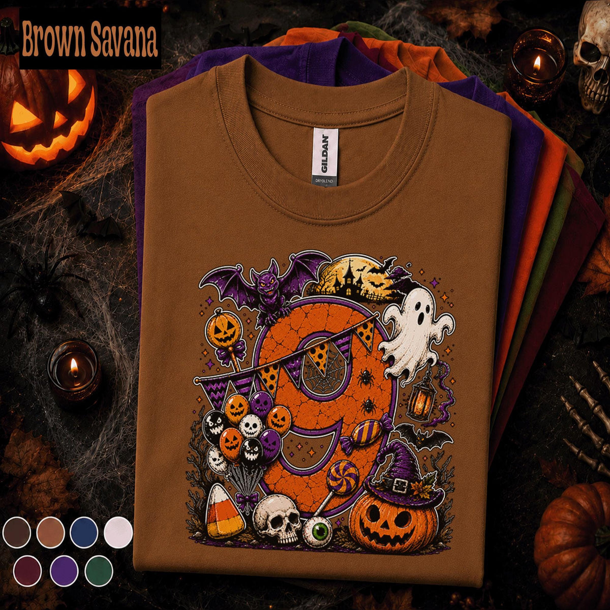 9th Birthday Halloween Shirt, Spooky Number 9 Tee, October Birthday Party Shirt, Ghost Pumpkin Witch Kids Halloween Birthday Gift Girls Boys