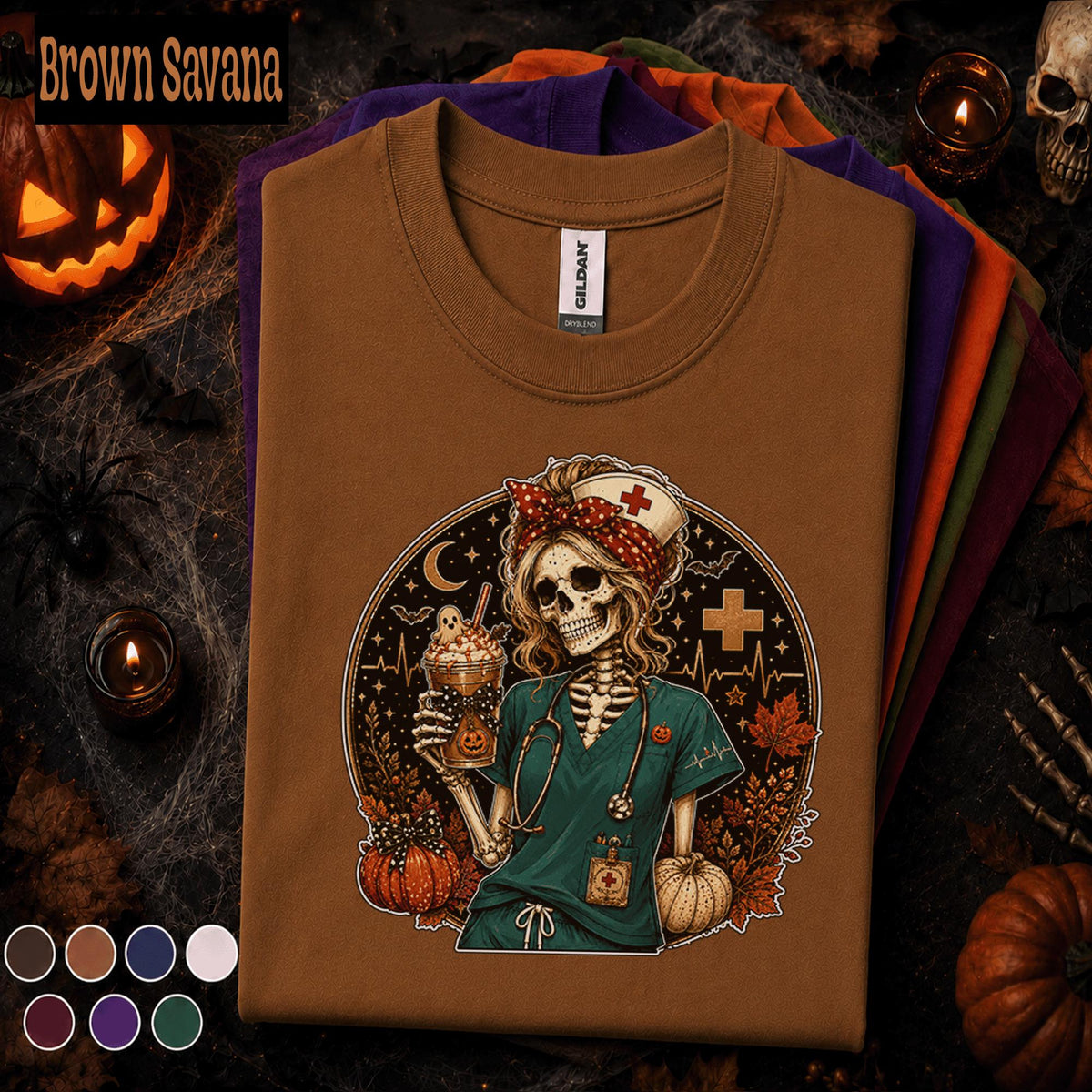 Skeleton Nurse Halloween Shirt, Spooky Registered Nurse Tee, Pumpkin Coffee Nursing Gift, Cute Fall Healthcare Worker Halloween T Shirt