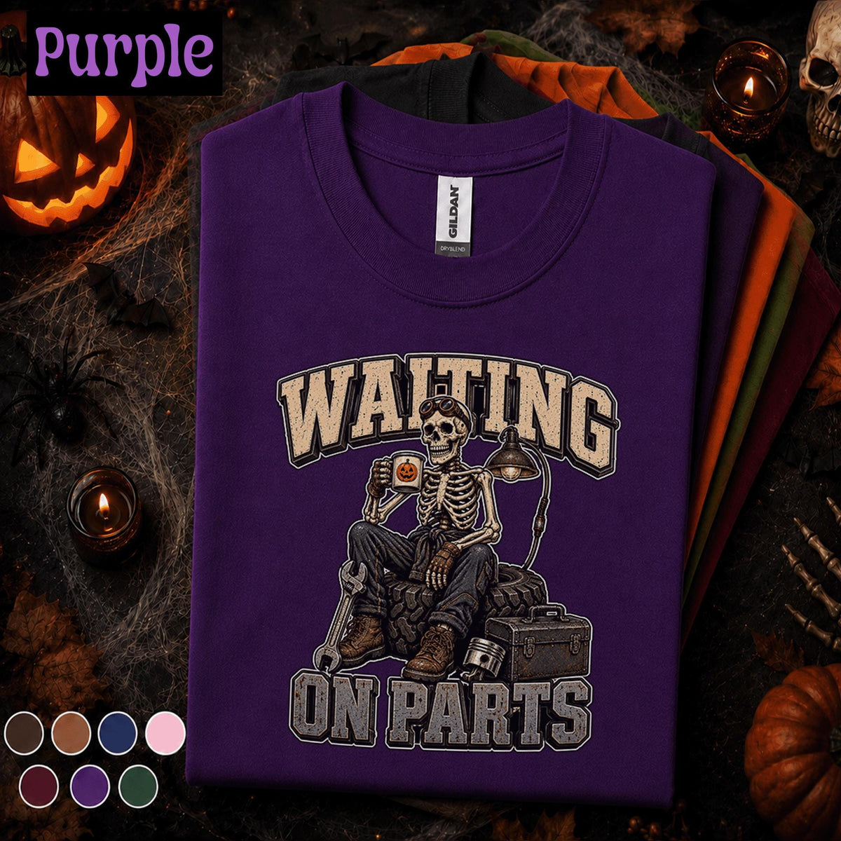 Mechanic Halloween Shirt, Waiting on Parts Tee, Funny Skeleton Mechanic Gift, Auto Repair Technician, Spooky Garage Worker T-Shirt