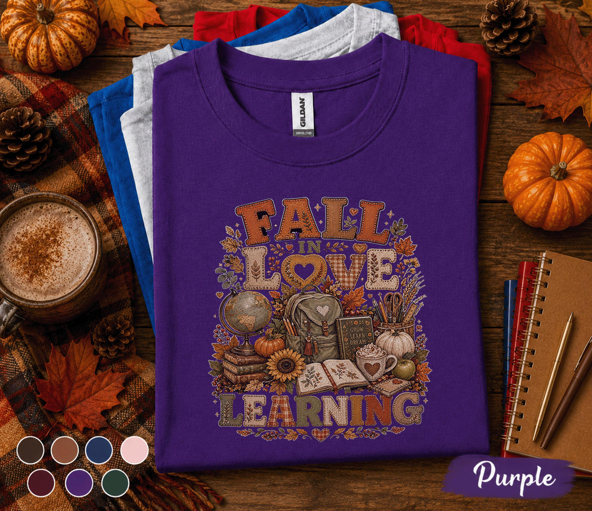 Fall in Love with Learning Shirt, Autumn Teacher Pumpkin Tee, Cozy Classroom T-Shirt, Back to School Teacher, Thanksgiving Educator Outfit