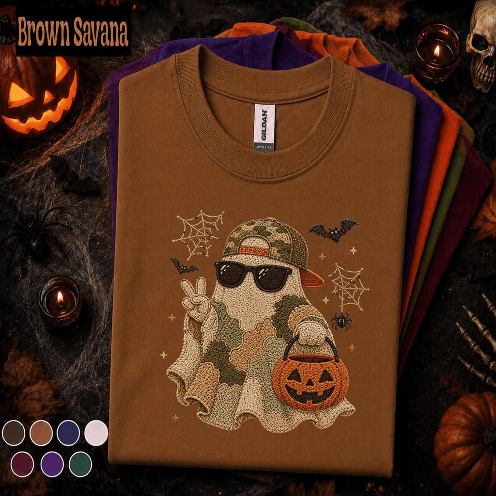 Camo Ghost Halloween Shirt, Cool Ghost Tee, Funny Spooky Season Shirt, Pumpkin Candy Bag, Halloween Gift for Teens