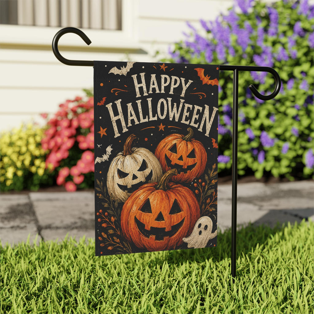 Happy Halloween Garden Flag, Pumpkin Jack O Lantern Yard Decor, Cute Ghost Spooky Flag, Vintage Orange Black Outdoor Porch Decoration