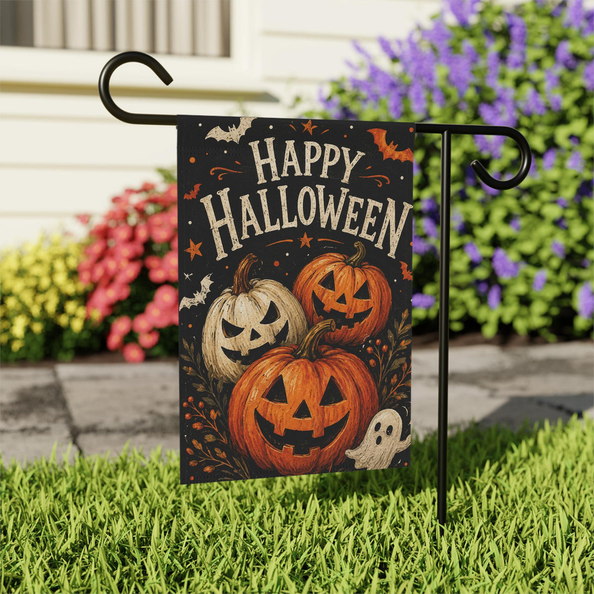 Happy Halloween Garden Flag, Pumpkin Jack O Lantern Yard Decor, Cute Ghost Spooky Flag, Vintage Orange Black Outdoor Porch Decoration