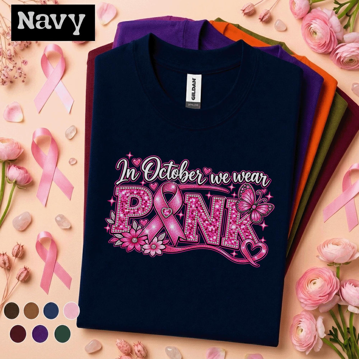 Breast Cancer Awareness Shirt, In October We Wear Pink Tee, Pink Ribbon Sparkle Shirt, Pink Out October Support Gift for Women