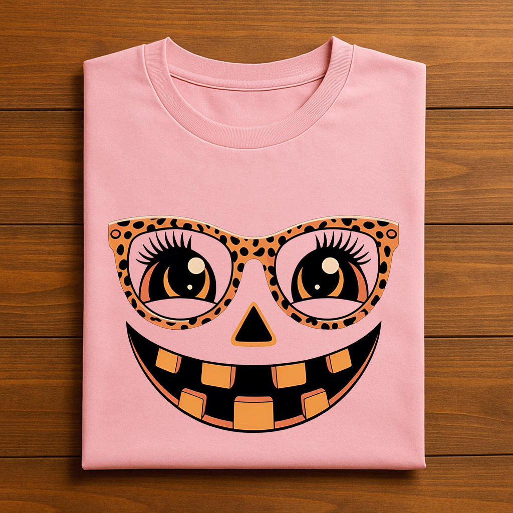 Leopard Pumpkin Face Shirt, Trendy Halloween Tee for Women, Cute Pumpkin Glasses Shirt, Fall Pumpkin T-Shirt, Jack O Lantern Shirt For Women