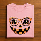 Leopard Pumpkin Face Shirt, Trendy Halloween Tee for Women, Cute Pumpkin Glasses Shirt, Fall Pumpkin T-Shirt, Jack O Lantern Shirt For Women