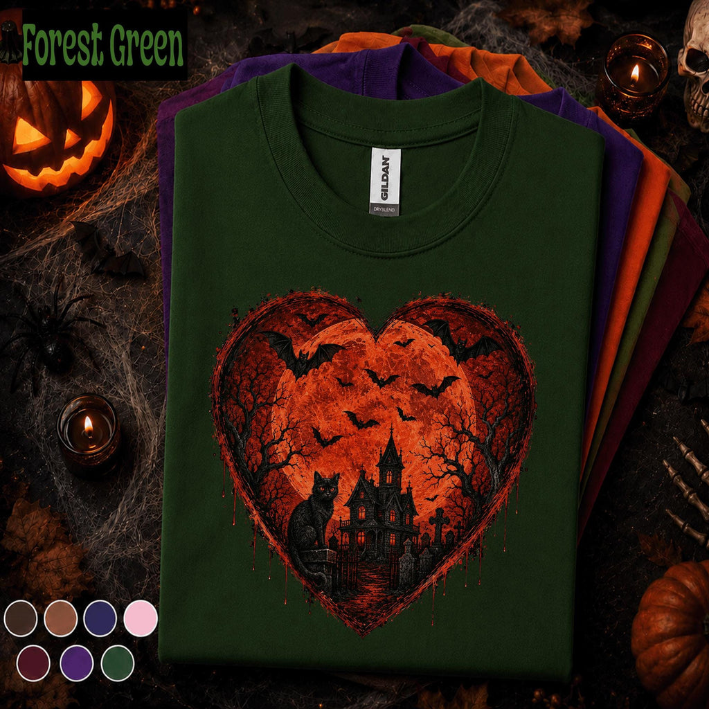 Gothic Halloween Shirt couple, Haunted House Black Cat Tee, Red Moon Bat Tshirt, Spooky Heart Halloween Gift, Dark Goth Shirt