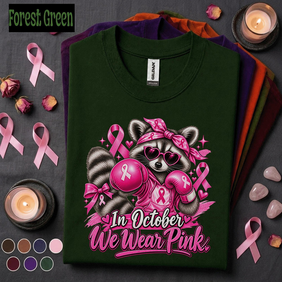Breast Cancer Awareness Shirt, In October We Wear Pink Tee, Pink Ribbon Raccoon Shirt, Pink Out Boxing October Support Gift for Women
