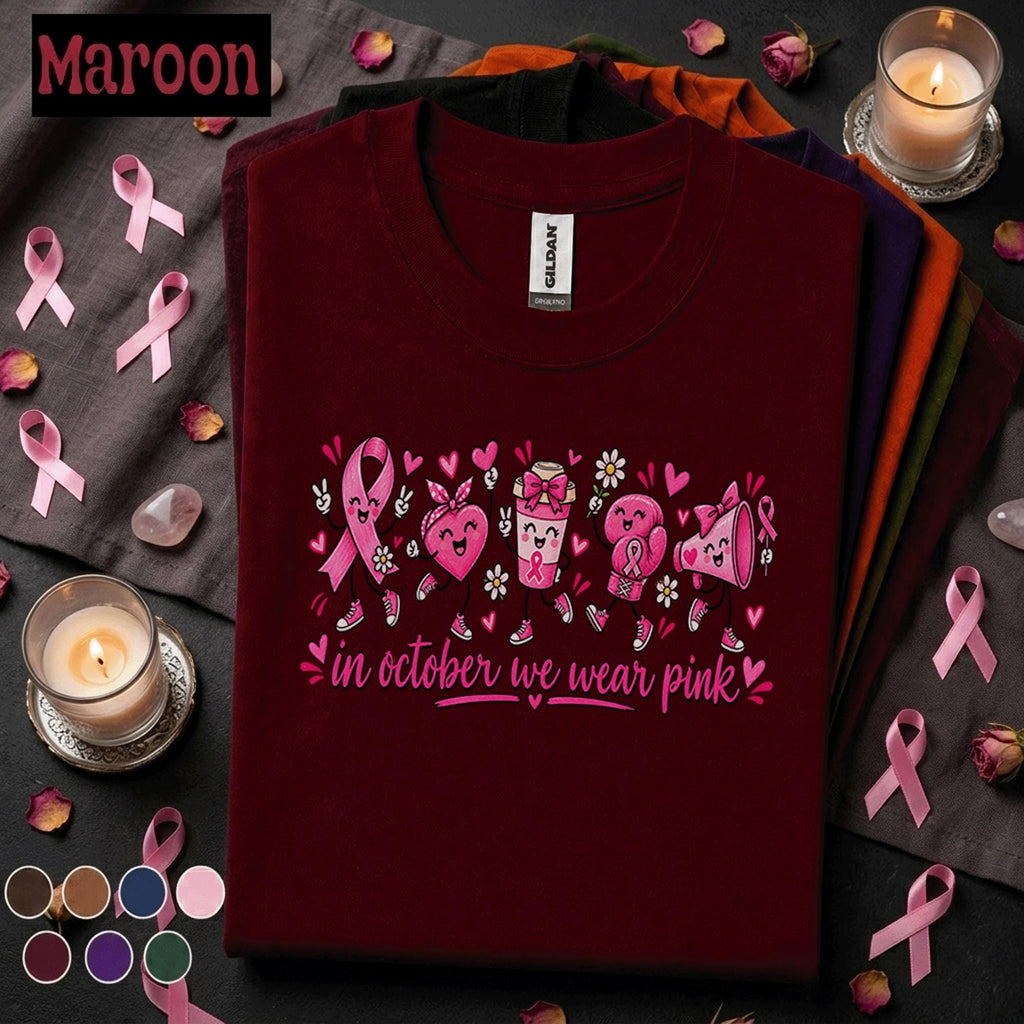 Breast Cancer Awareness Shirt, In October We Wear Pink Tee, Cute Pink Ribbon Characters Shirt, Survivor Fighter Support Gift for Women