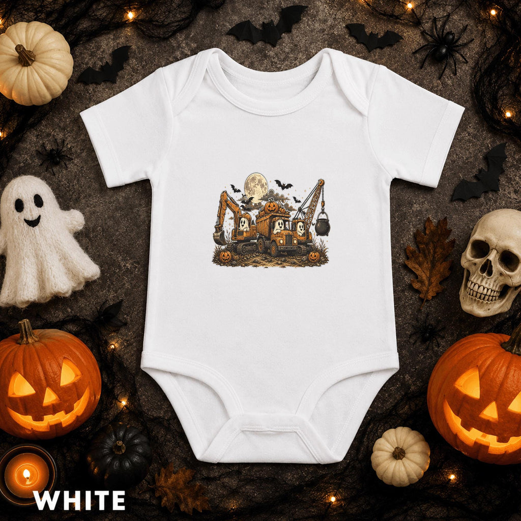 Construction Truck Halloween Baby Bodysuit, Ghost Excavator Infant Onesie, Pumpkin Crane Spooky Baby Outfit, First Halloween Baby Gift