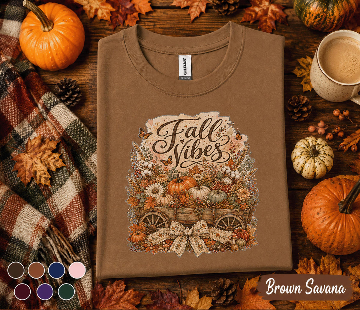 Fall Vibes Shirt, Cozy Autumn Pumpkin Wagon Sweatshirt, Rustic Harvest Floral Tee, Thanksgiving Shirt, Cute Fall Season Gift for Women