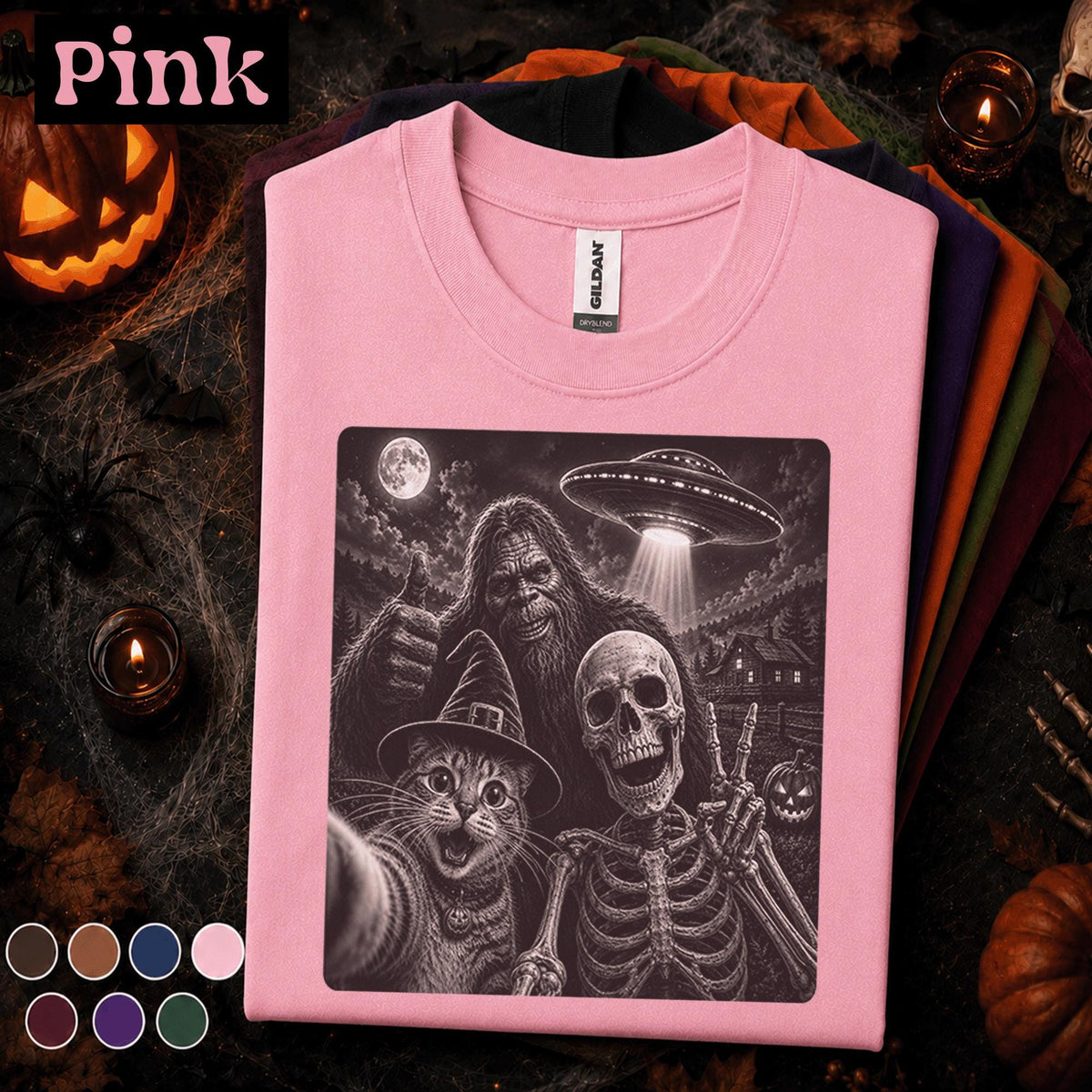 Bigfoot Halloween Shirt, Skeleton Witch Cat Selfie Tee, Funny Sasquatch UFO T Shirt, Spooky Cryptid Halloween Tee, Weird Gift