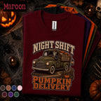 Night Shift Pumpkin Delivery Halloween Shirt, Skeleton Truck Driver Tee, Spooky Trucker Gift, Vintage Fall Pickup Truck Halloween T-Shirt