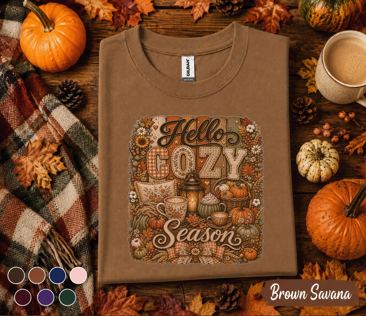 Hello Cozy Season Shirt, Cozy Fall Tee, Autumn Pumpkin Coffee Shirt, Cute Harvest Season Sweatshirt, Thanksgiving Gift for Her, Fall Vibes
