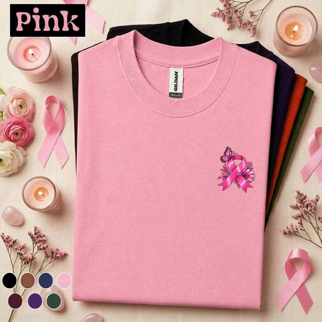 Breast Cancer Awareness Shirt, Pink Ribbon Pocket Tee, Minimalist Floral Butterfly Shirt, October Pink Out Support Gift for Women