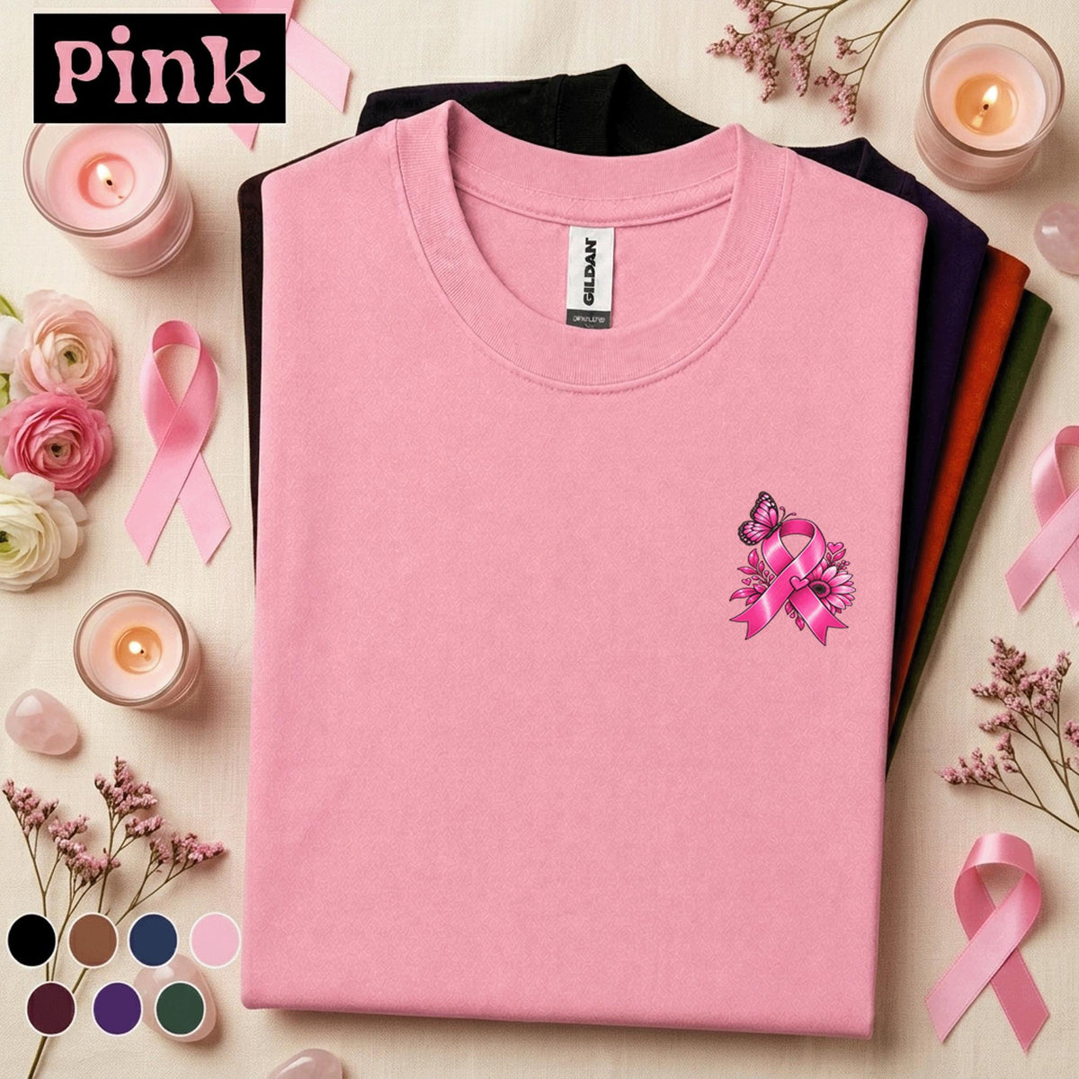 Breast Cancer Awareness Shirt, Pink Ribbon Pocket Tee, Minimalist Floral Butterfly Shirt, October Pink Out Support Gift for Women