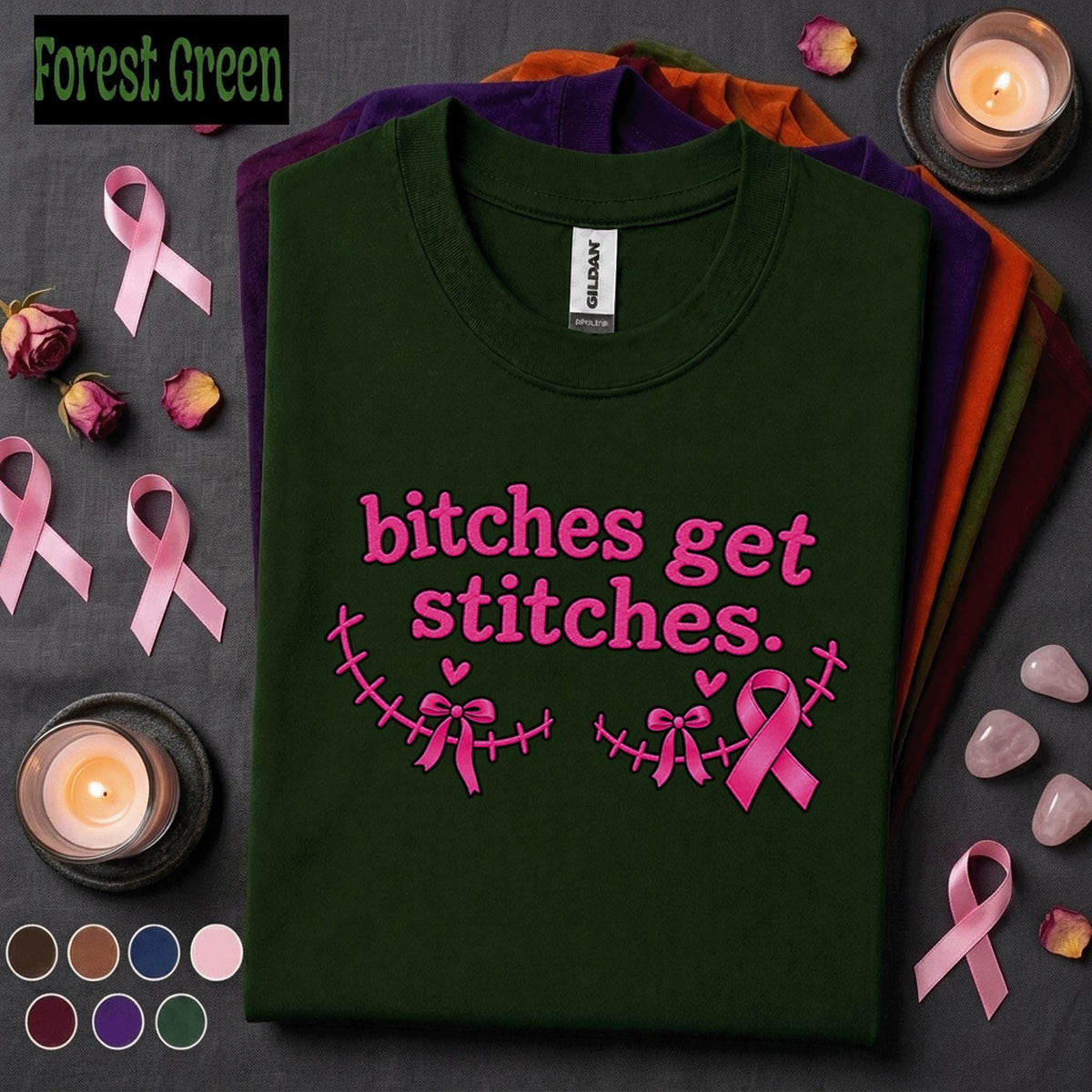 Breast Cancer Awareness Shirt, Bitches Get Stitches Pink Ribbon Tee, Funny Mastectomy Survivor Gift, October Cancer Support Shirt for Women