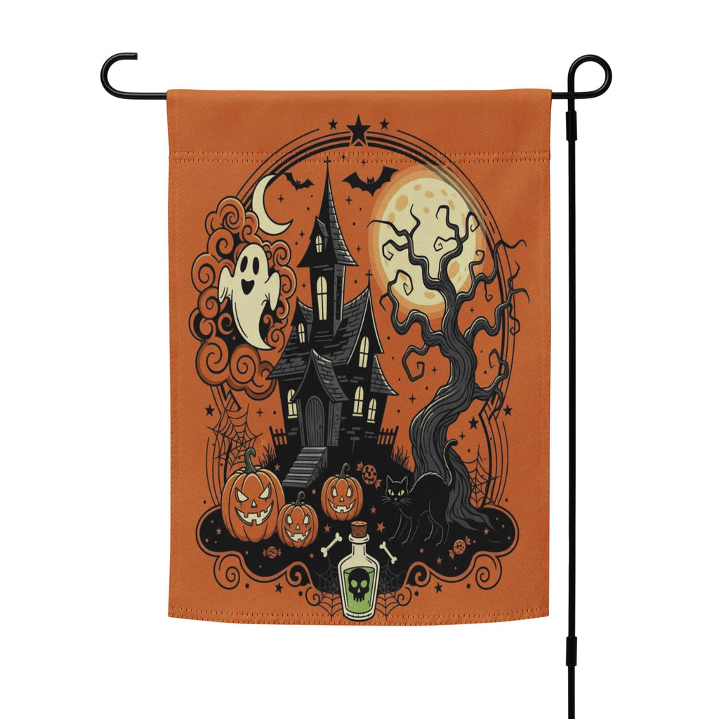 Vintage Halloween Garden Flag | Orange Black Cat Witch Yard Decor | Spooky Pumpkin BOO Banner, Halloween Decoration, Ghost Garden Flag