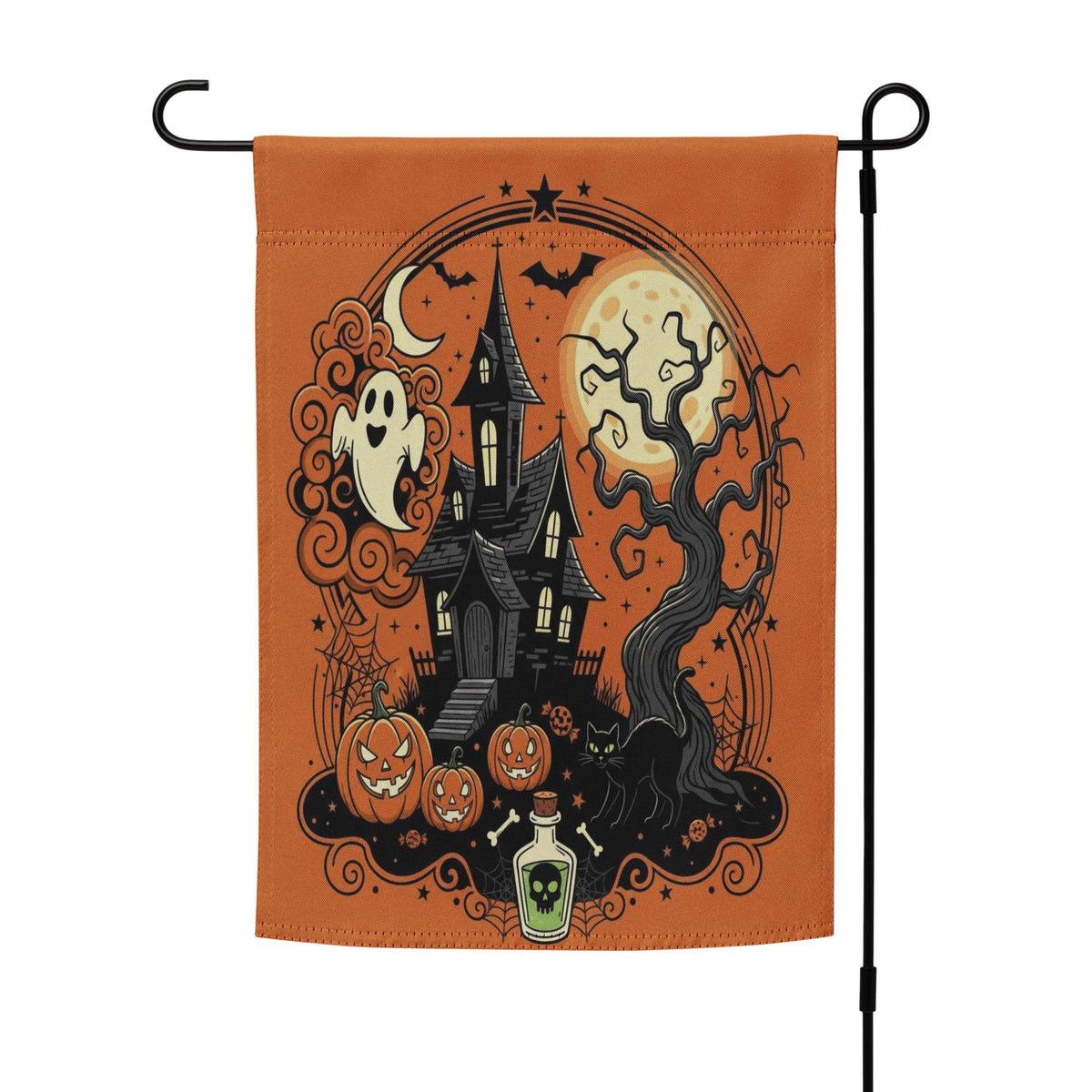 Vintage Halloween Garden Flag | Orange Black Cat Witch Yard Decor | Spooky Pumpkin BOO Banner, Halloween Decoration, Ghost Garden Flag