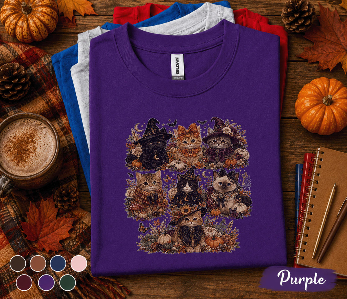 Cute Halloween Cat Shirt, Witch Kitten Pumpkin Tee, Spooky Black Cat T-Shirt, Autumn Cat Lover Gift, Cute Ghost Halloween Fall Shirt