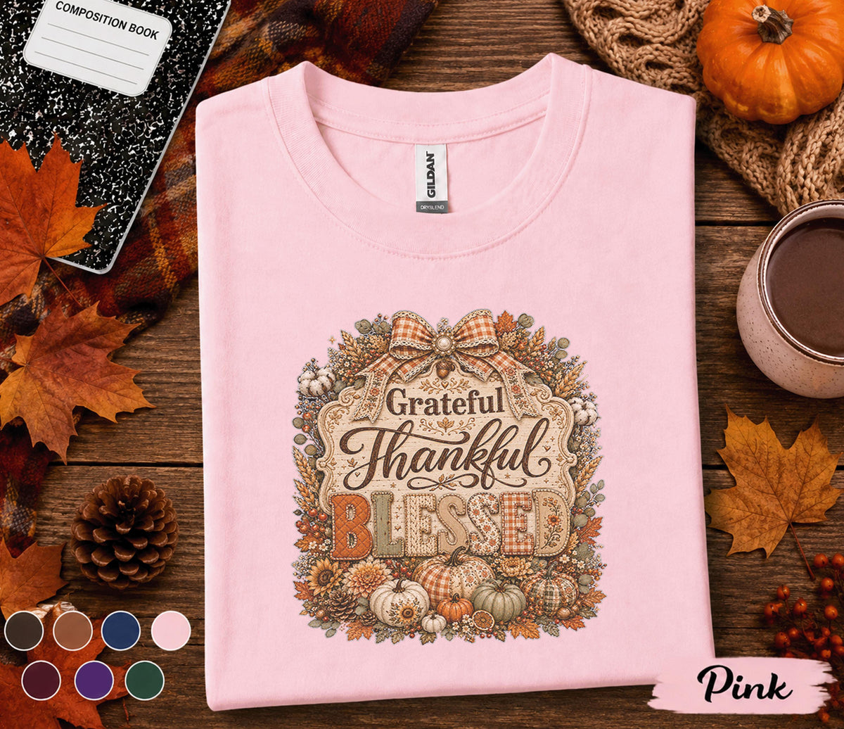 Grateful Thankful Blessed Shirt, Thanksgiving Pumpkin Tee, Cozy Autumn Sweatshirt, Rustic Fall Harvest Shirt, Plaid Bow Pumpkin Gift Women