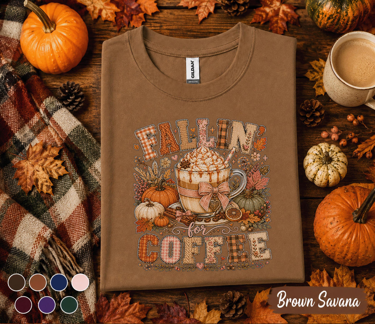 Fallin' for Coffee Shirt, Pumpkin Spice Coffee Lover Tee, Cozy Autumn Coffee Shirt, Fall Aesthetic Sweatshirt, Thanksgiving Gift for Her