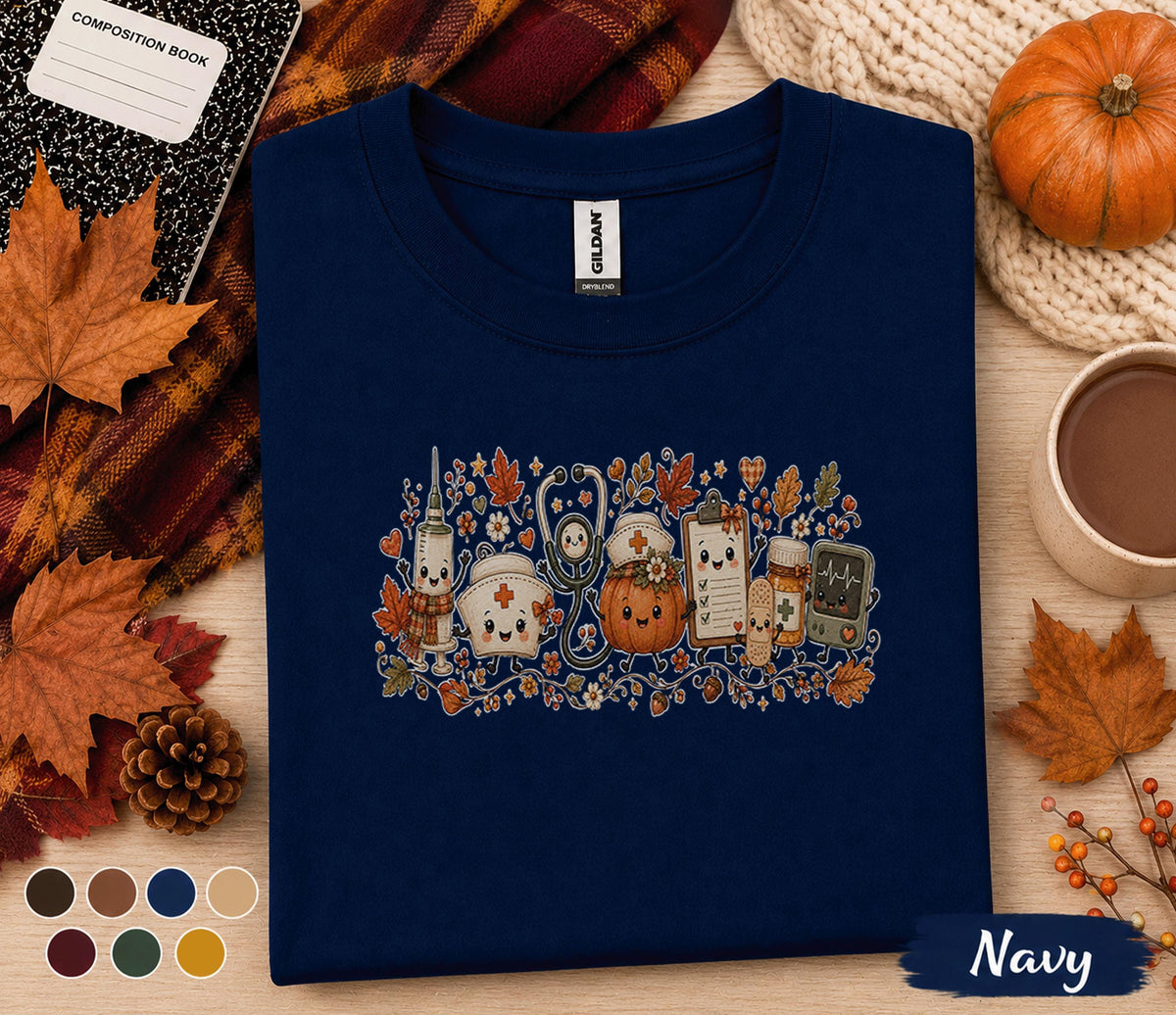 Cute Fall Nurse Shirt, Autumn Medical Pumpkin Tee, Kawaii Nurse Shirt, RN Fall Halloween Top, Cozy Healthcare Worker Gift, Nurse Autumn Tee