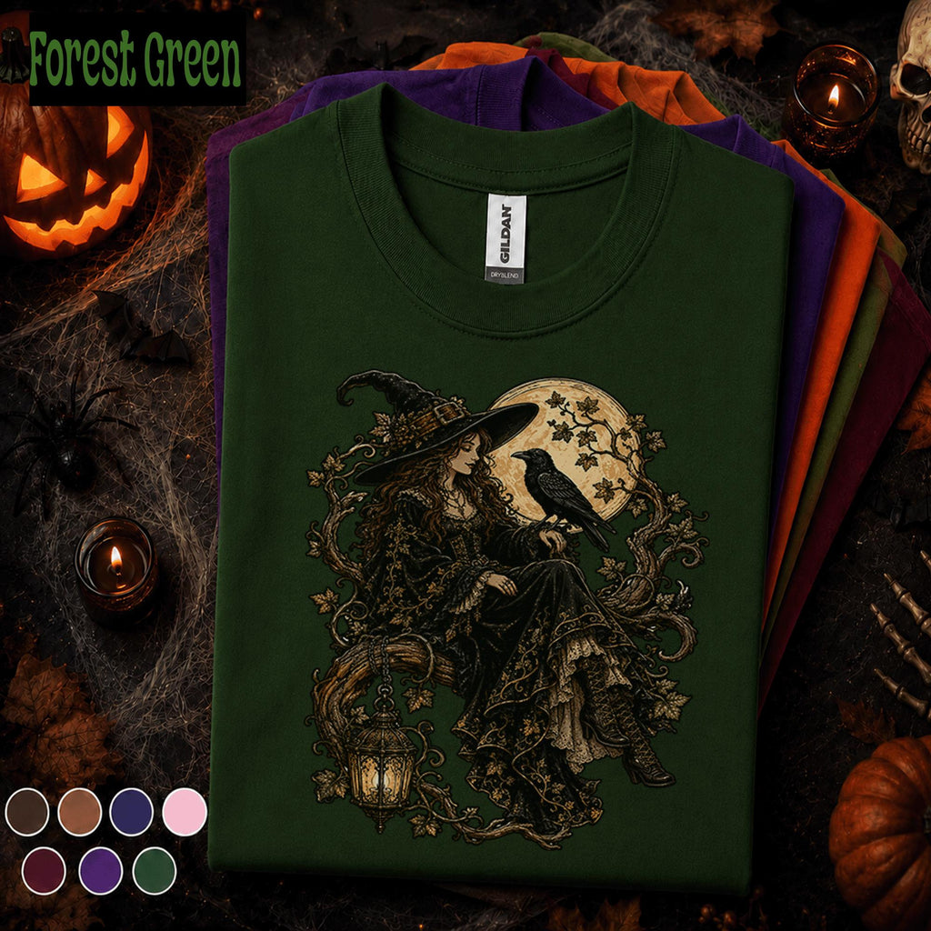 Gothic Witch Halloween Shirt, Raven Witch T Shirt, Full Moon Spooky Season Tee, Vintage Dark Academia, Witchy Fall Gift Tee