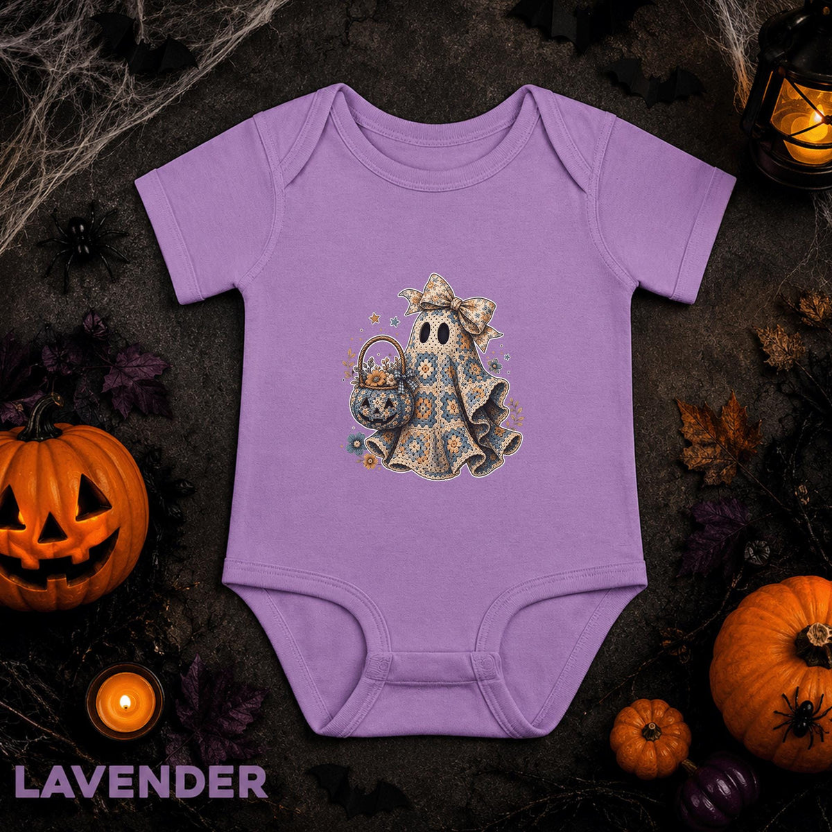Crochet Ghost Halloween Baby Bodysuit, Floral Bow Infant Onesie, Vintage Spooky Baby Girl Outfit, First Halloween Gift for Baby Girl