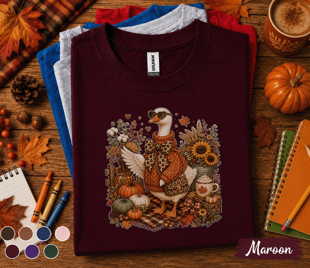 Cute Fall Goose Shirt, Autumn Goose Sweater Tee, Cozy Pumpkin Goose Shirt, Sunflower Harvest Fall Shirt, Thanksgiving Gift for Her