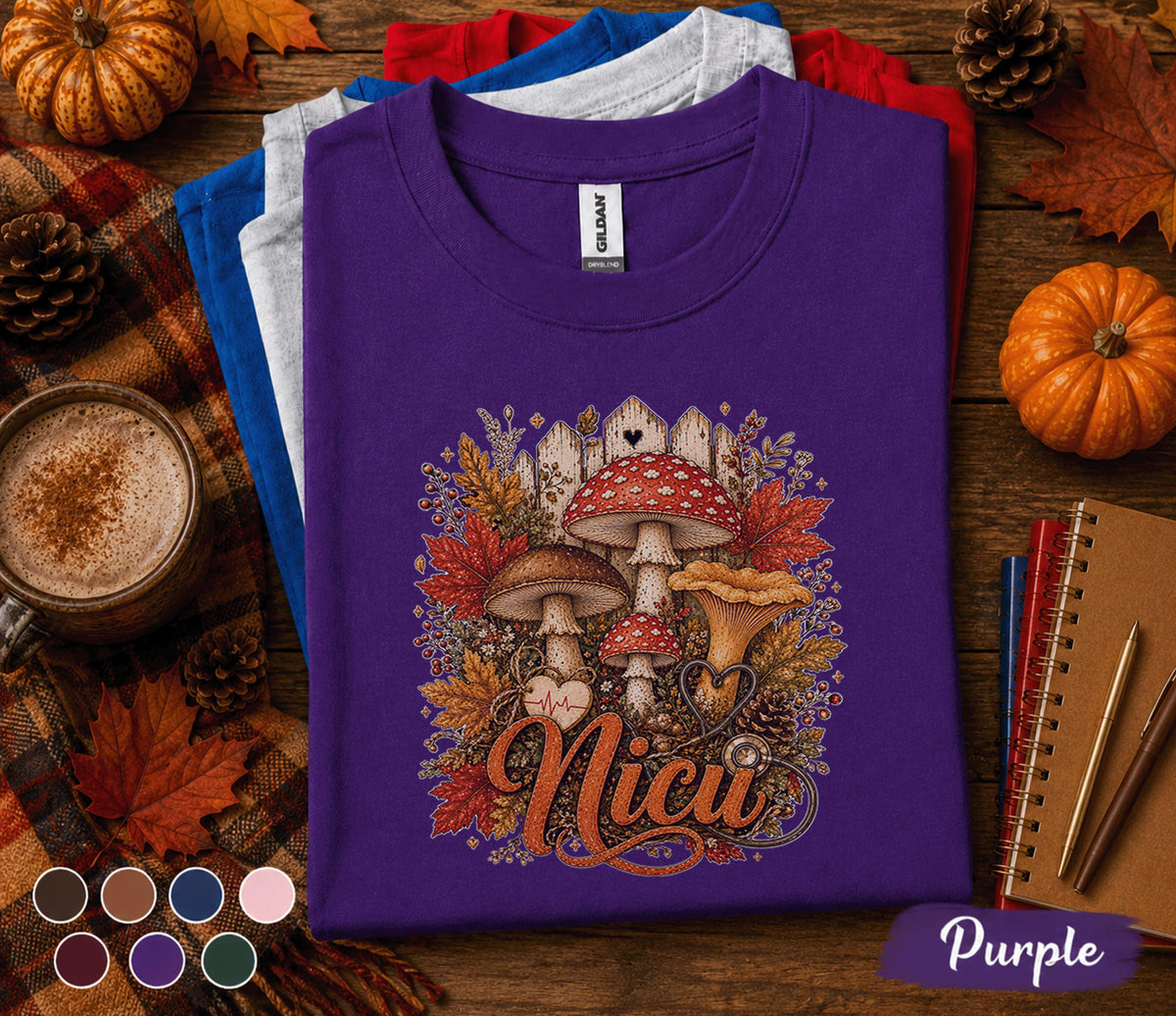 Fall NICU Nurse Shirt, Autumn Mushroom NICU Nurse Tee, Cute Nurse Gift, Cozy Healthcare Worker Sweatshirt, Registered Nurse Fall Medical