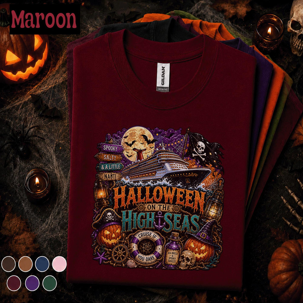 Halloween on the High Seas Shirt, Spooky Cruise Vacation Tee, Salty Nauti Pirate Ship, Pumpkin Witch Cruise Group Halloween Gift Tee