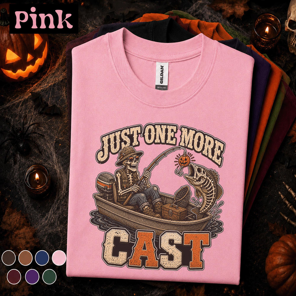 Just One More Cast Halloween Fishing Shirt, Skeleton Fisherman Tee, Spooky Angler Gift, Pumpkin Lure Fishing Tee, Funny Fall Fishing Shirt