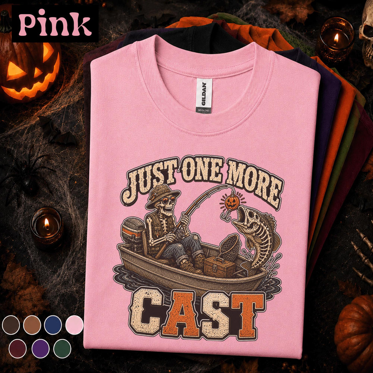 Just One More Cast Halloween Fishing Shirt, Skeleton Fisherman Tee, Spooky Angler Gift, Pumpkin Lure Fishing Tee, Funny Fall Fishing Shirt