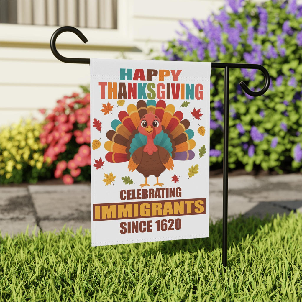 Happy Thanksgiving Celebrating Immigrants Garden Flag | Turkey Leaves Yard Banner | Since 1620 Outdoor Decor