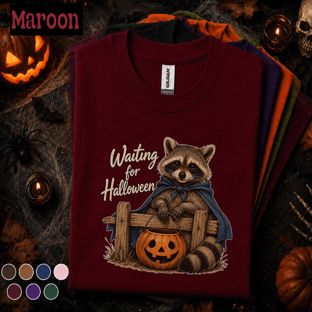 Waiting for Halloween Raccoon Shirt, Cute Raccoon Tee, Pumpkin Trick or Treat Shirt, Vintage Spooky Season Halloween Gift