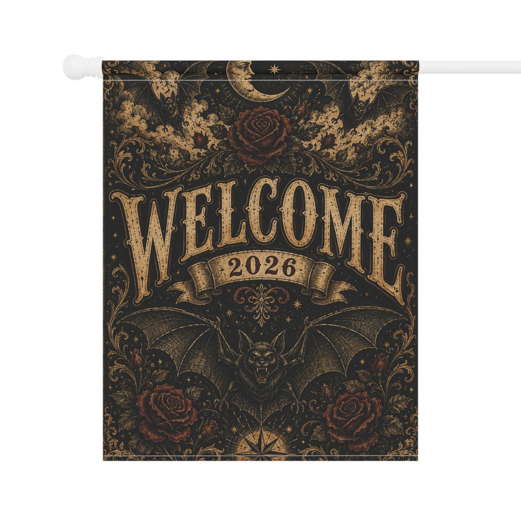 Gothic Bat Halloween Garden Flag, Welcome 2026 Moon Rose Yard Decor, Vintage Witchy Outdoor Flag, Spooky Victorian Halloween Porch Decor
