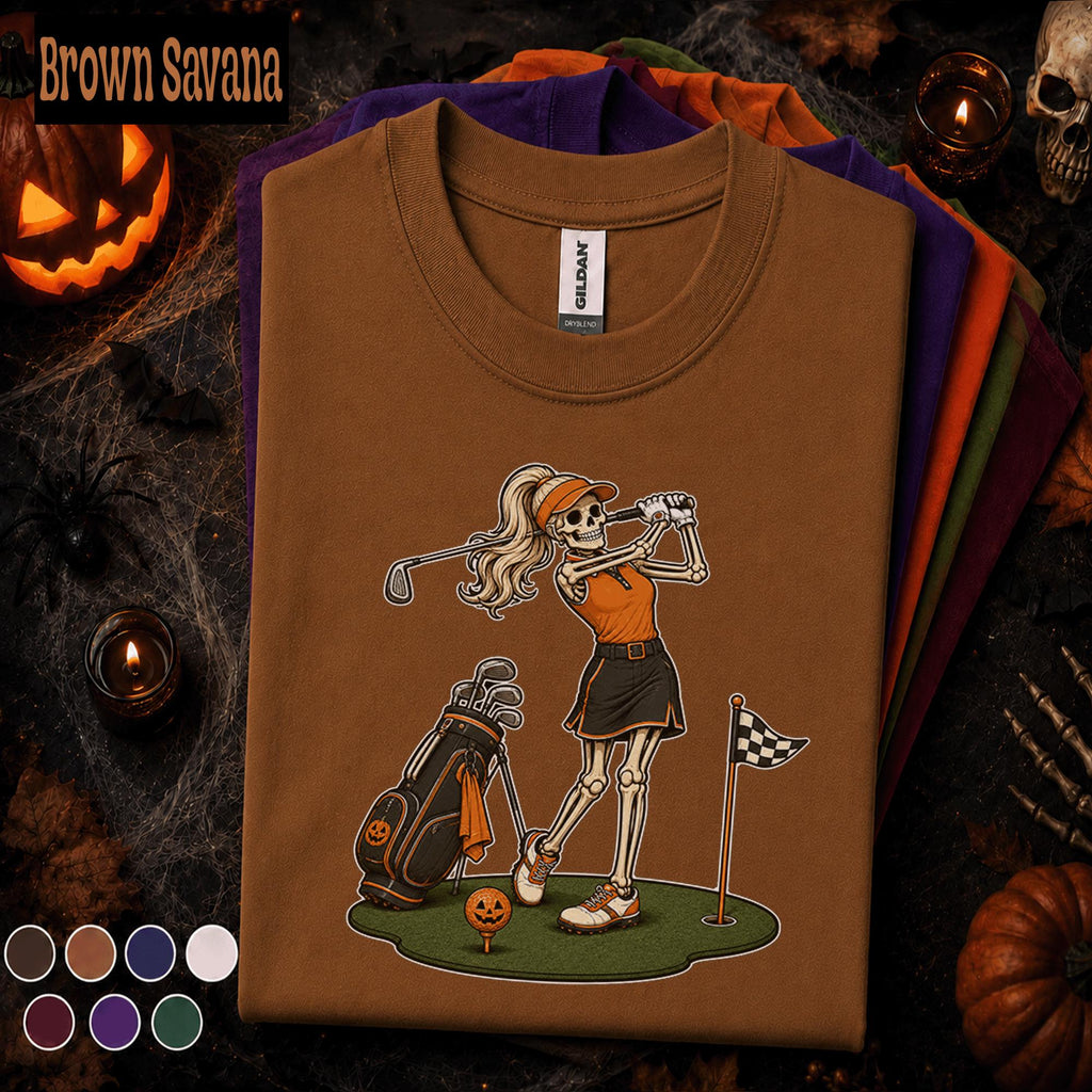 Skeleton Golfer Halloween Shirt, Funny Women Golf Tee, Spooky Golf Lover Gift, Pumpkin Golf Ball Shirt, Vintage Halloween Sports Tee