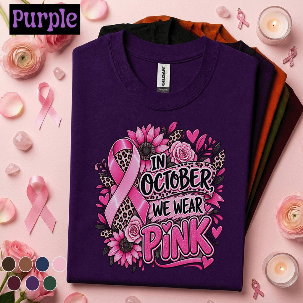 Breast Cancer Awareness Shirt, In October We Wear Pink Tee, Pink Ribbon Leopard Floral Shirt, Survivor Fighter Support Gift for Women