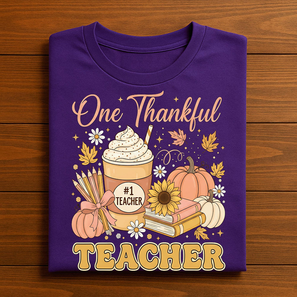 One Thankful Teacher Autumn Pumpkin Shirt Thanksgiving Fall Leaves Classroom Outfit Tee, Gift Teacher Thanksgiving Sweatshirt, Teach Shirt