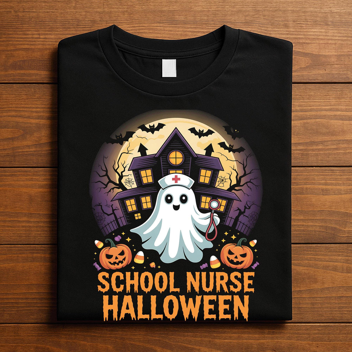 School Nurse Halloween Shirt Cute Ghost Haunted House Pumpkins Bats Spooky Medical Costume Tee For Nurses Teachers Ha...